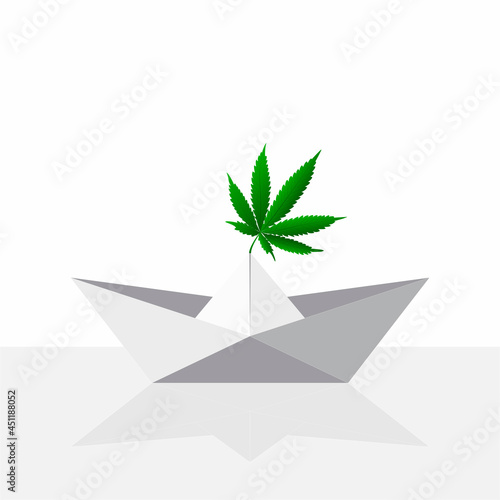 Origami paper craft with cannabis leaf reflection. Vector illustration.
