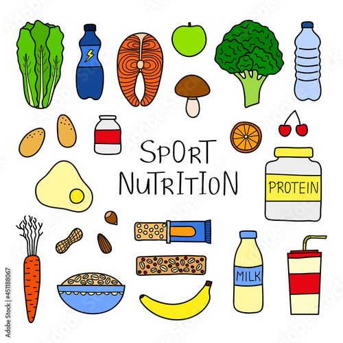 Set of doodle sport nutrition items.