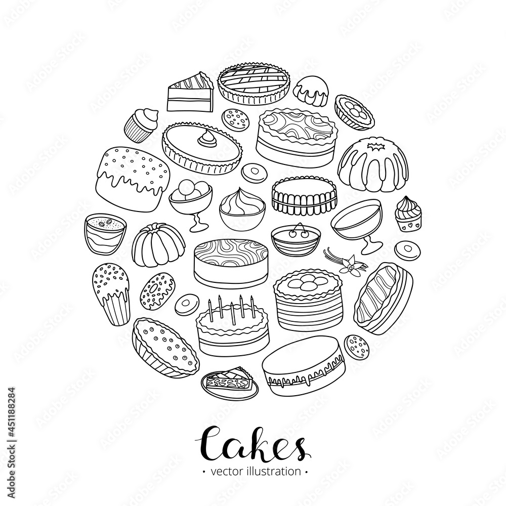 Hand drawn cakes in circle.