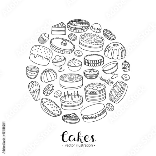 Hand drawn cakes in circle.