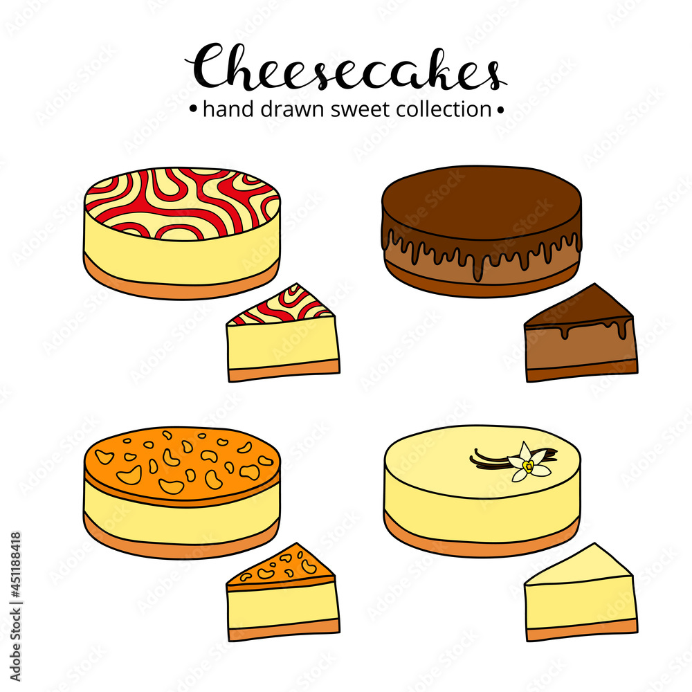 Set of hand drawn cheesecakes.