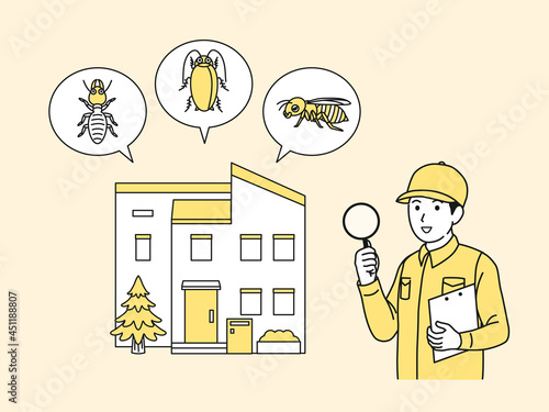 害虫駆除業者の男性　害虫探し　調べる　チェック　イラスト素材