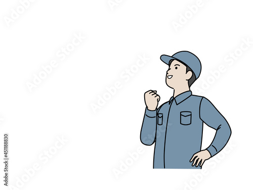 ガッツポーズをする　作業着を着た男性　従業員　製造業　やる気　元気　イラスト素材