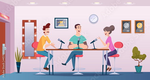 Broadcast studio. Podcast interview people talking to microphones interior room exact vector cartoon background