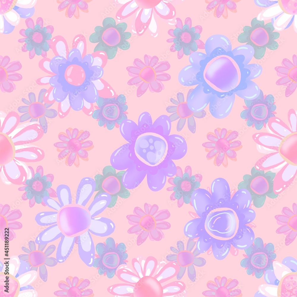 Pastel florals seamless pattern. Lilac, pink magic flowers. Hand drawn flowers. endless background for fabric, tektil, packaging, paper, baby products.
