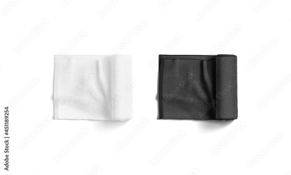 Blaank black and white twisted big towel mockup, top view