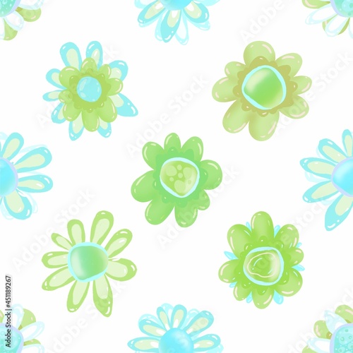 Floral seamless pattern. Green flowers on a white background. Cheerful magic flowers. Hand drawn flowers. endless background for fabric, tektil, packaging, paper, baby products.