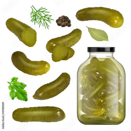 Pickled cucumbers. Sliced gourmet products herbs parsley black pepper green spice for canned food homemade cucumbers in jar decent vector pictures
