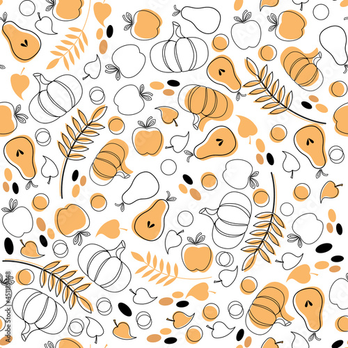 Autumn pattern with fruits, pumpkins and flowers