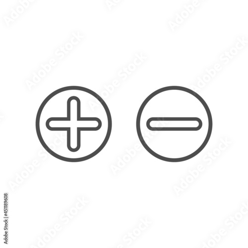 Plus and minus buttons in circle. Black line flat vector icons isolated on white.