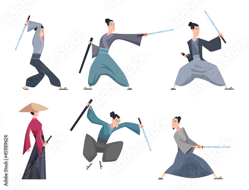 Samurai. Male asian warriors with sword various action poses exact vector cartoon characters isolated