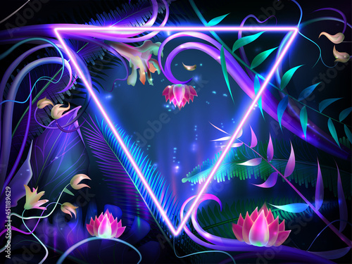 Realistic glowing leaves with purple neon frame. Bright lotus flowers, exotic illuminated plants and jungle tropical leaf with border of triangle shape. Design with dark background for invitation card