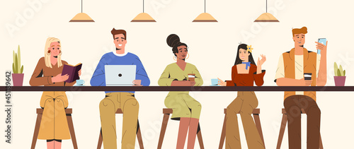 Flat young people communicating and working in modern coffeehouse. Students sitting at bar counter and talking, drinking coffee, reading or surf the internet. Coworking, front view vector illustration