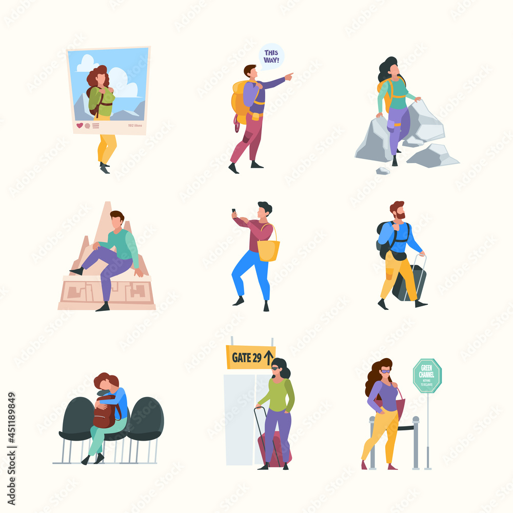 Happy travellers. Active happy outdoor persons friends going to vacation trip travel concept garish vector flat pictures