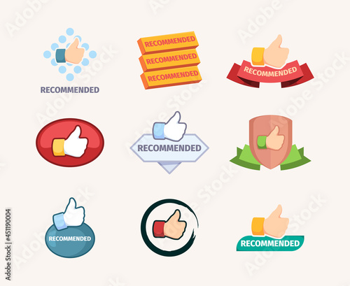 Recommended banners. Promotional stylized graphics design templates badges for great deals branding stamps good deal garish vector pictures set
