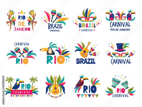 Brazil badges. Rio colored carnival muzical samba festival parade recent vector illustrations collection photo
