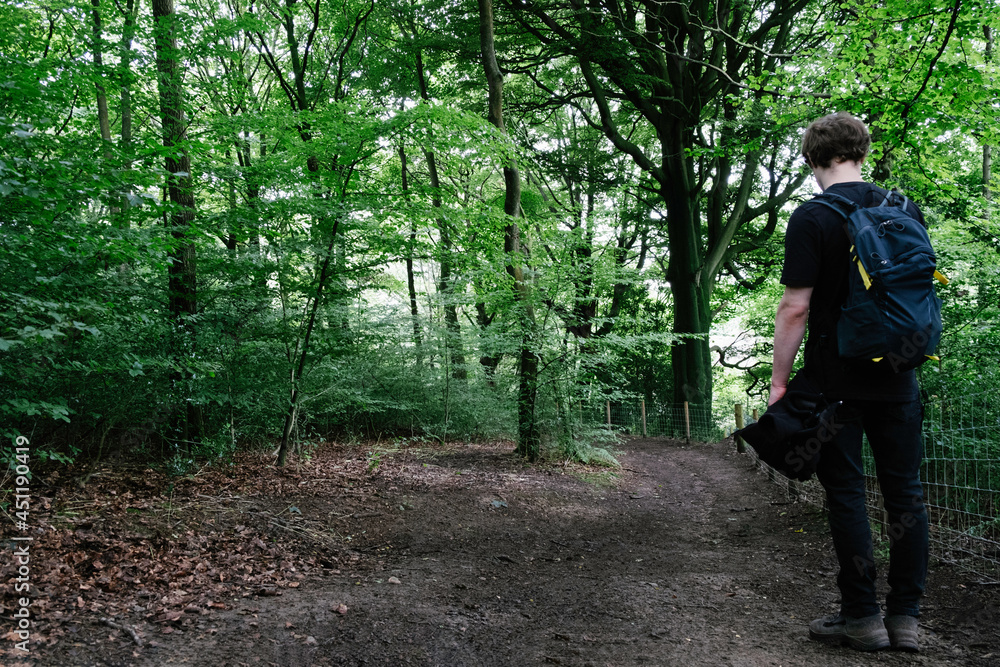Hiker with a backpack walking along the nature path in a forest, stone pathway, outdoor excersise. Hiker with a backpack walking along the nature path in a forest, stone pathway, outdoor excersise.