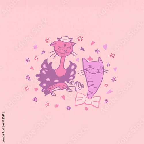 Vector illustration of cats in love for a romantic day. Pictures of cats in vector format for the design of a romantic celebration, postcards, posters, invitations, hot stand, souvenirs.