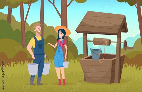 Woman man in forest. People near well with buckets, came for water. Happy farmers in village on nature vector illustration