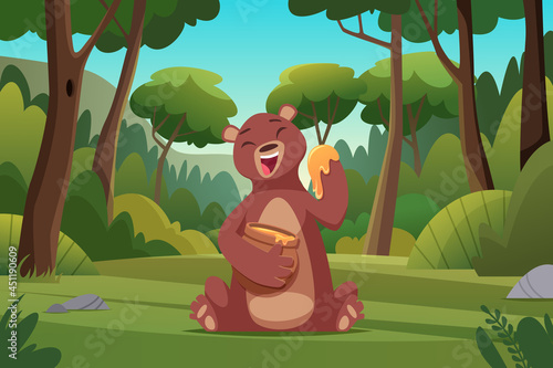 Forest background. Bear walking in forest wild brown animal in cartoon style exact vector picture