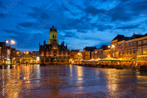 Delft Market Square Markt in the evening. Delfth, Netherlands