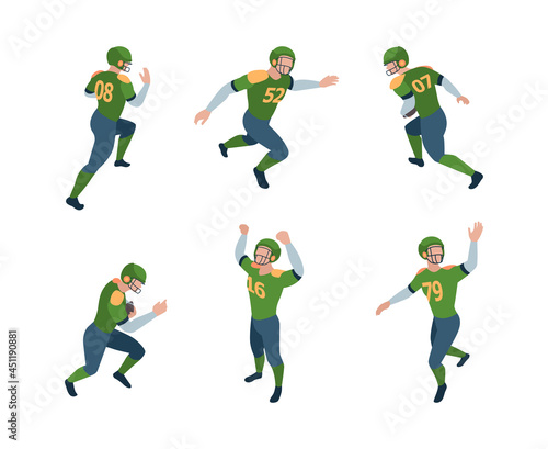 Football players. Isometric sport characters american football players running jumping standing holding ball garish vector 3d persons in dynamic pose