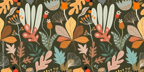 Autumn seamless pattern with different plants and leaves, seasonal decorative design