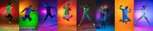 Portraits of group of people  young man jumping isolated on multicolored background in neon light  collage.