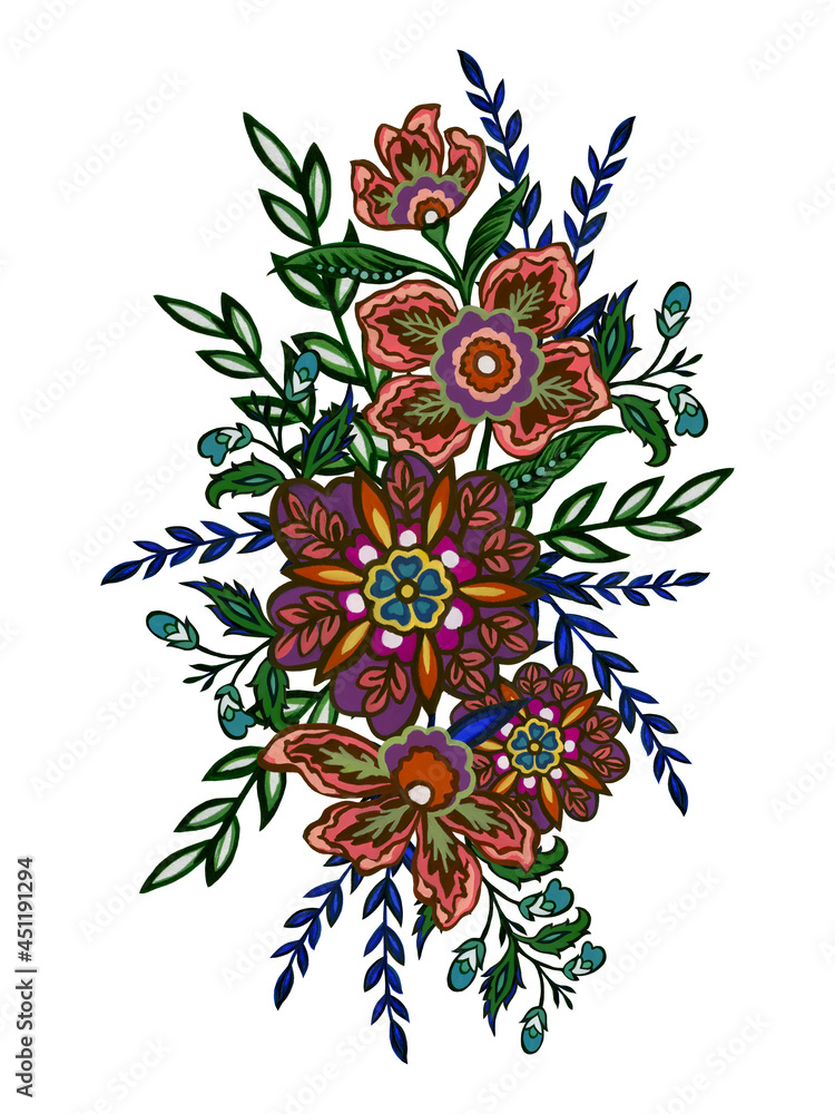 Oriental motif of flowers design tribal exotic flowers Colorful flowers on a white background Folk bouquet watercolor gouache illustration Oriental motif of flowers design tribal exotic flowers Colorful flowers on a white background Folk bouquet watercolor gouache illustration