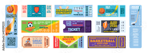 Sport event tickets. Flyer invitation for action sport games baseball football hockey garish vector tickets design templates