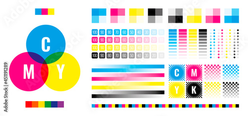 Cmyk bars. Printing house press registration testing colors marks printer calibration colorful symbols garish vector set yellow cyan black and white