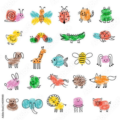 Fingerprints for kids. Game preschool education art with funny insects drawing paintings steps recent vector finger art templates collection