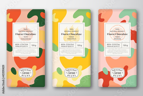 Chocolate Labels Set. Abstract Vector Packaging Design Layouts Collection. Modern Typography, Hand Drawn Tangerine, Orange, Pineapple Sketches and Colorful Camouflage Pattern Background. Isolated
