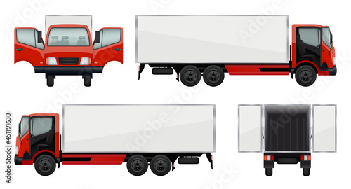 Delivery trucks. Cars opening doors realistic vehicles in various views front and back decent vector trucks collection