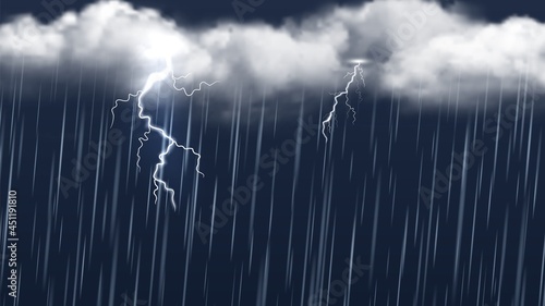 Autumn thunderstorm. Rain clouds and lightning. Realistic rainy, season bad weather vector banner