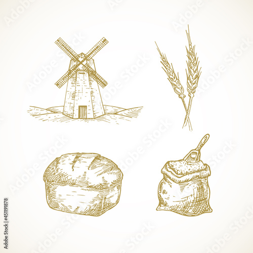 Hand Drawn Miller and Bakery Illustrations Set. Vector Windmill, Flour Sack with a Scoop, Wheat Spicas and Bread Sketches Collection. Doodles Bundle. Isolated
