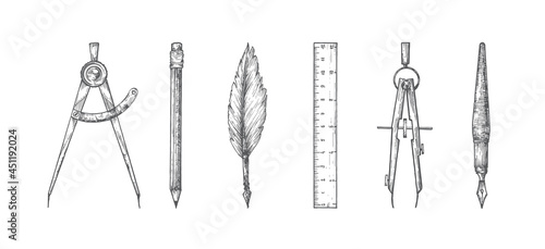 Retro Stationary Hand Drawn Doodle Vector Illustrations Set. Abstract School or Education Themed Engraving Style Sketch Drawings Collection with Compass, Ruler, Pen and Pencil. Isolated