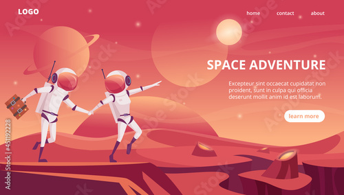 Cosmonauts landing. Space universe futuristic rockets shuttle travelling in cosmos exact vector web page template