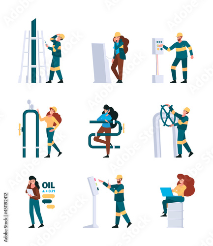 Oil industry person. Professional workers industrial engineers working on pipelines gas production garish vector flat characters