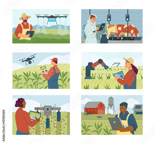 Set of vector flat illustrations with farmers who use innovative technologies and robots for smart farming. Automation of farming with help of drones and computers.