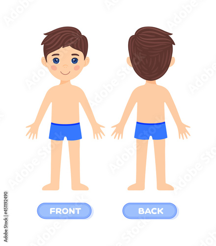 Cute Brunette Boy in Underwear. Front and Back View. A Small Male Character in Swimming Trunks. Preschooler Stands and Smiles. Flat Cartoon Color Style. White background. Vector stock illustration.