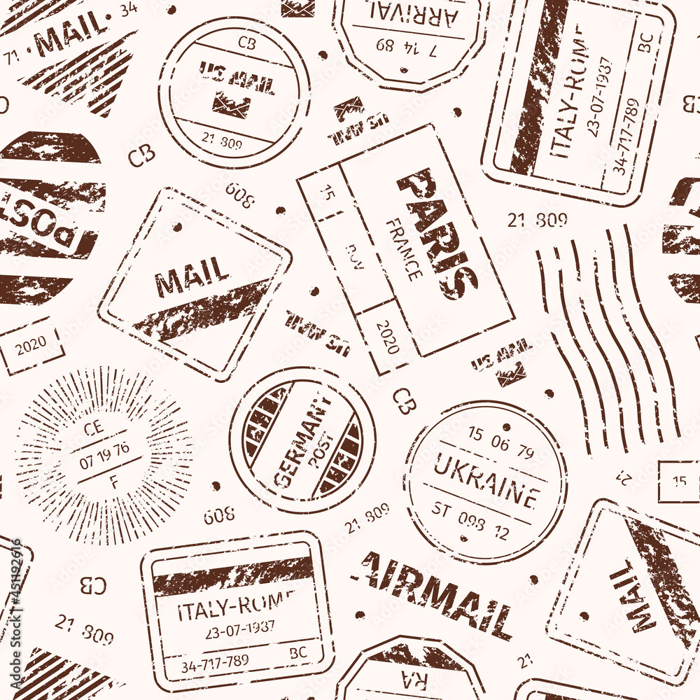 Stamp pattern. Postal templates travelling symbols round and square blank grunge stamp garish vector seamless background