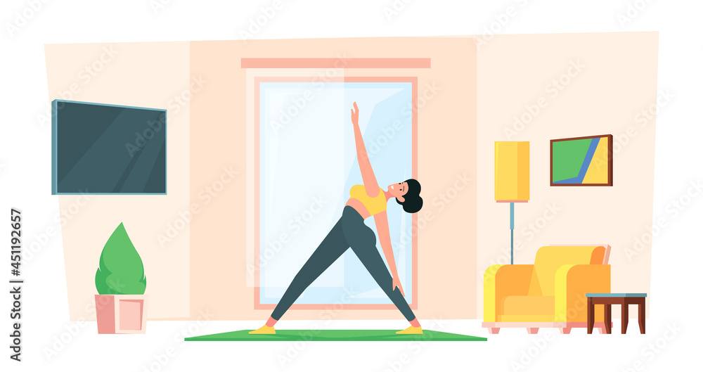 Fototapeta premium Home yoga. Family healthy active stretch gymnastic person making exercises in living room garish vector background