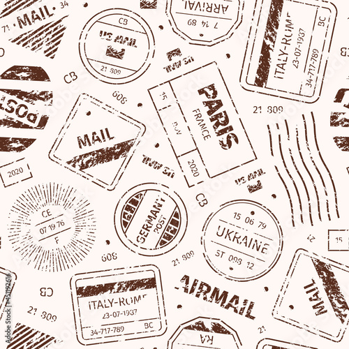 Stamp pattern. Postal templates travelling symbols round and square blank grunge stamp garish vector seamless background