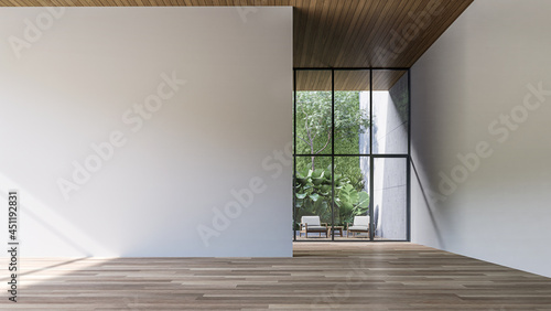 Fototapeta Naklejka Na Ścianę i Meble -  Empty room with blank white wall and green wall garden background 3d render