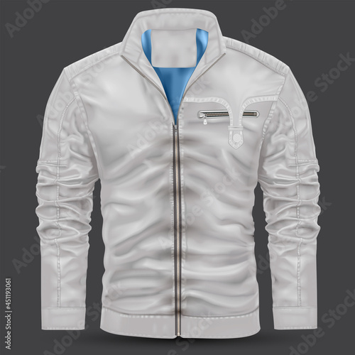 Realistic jacket leather white on grey background vector illustration.