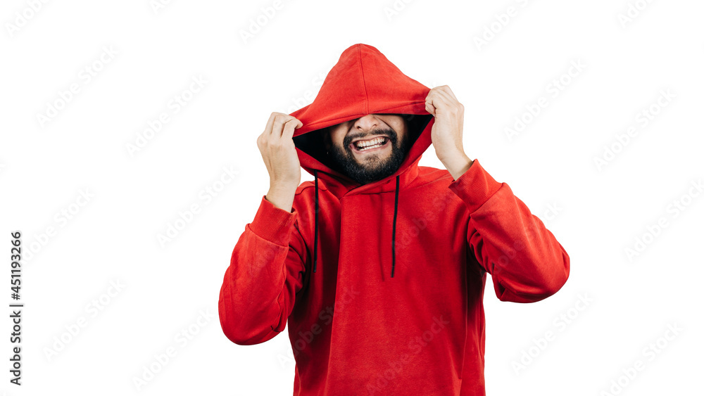 man red sweatshirt smiling on white background man red sweatshirt smiling on white background
