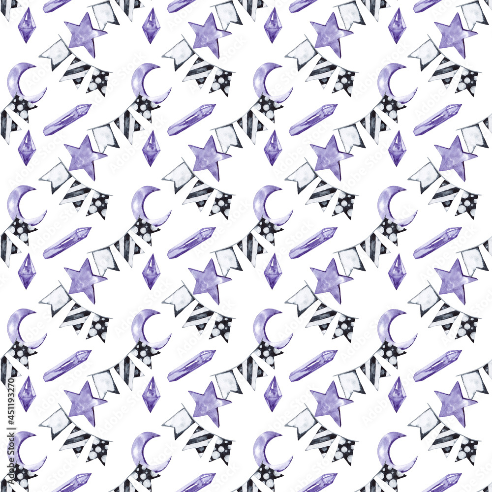Halloween seamless pattern of cute festival accessories. Black flags, violet star, young moon and crystals. Kids party decor. Watercolor hand painted isolated element on white background.