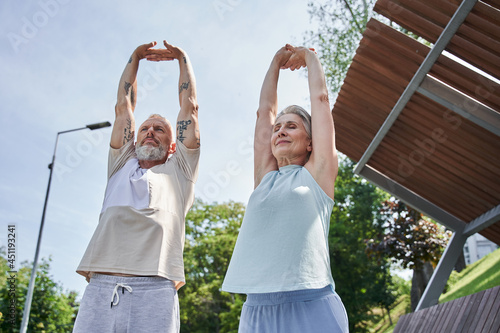Contented senior couple standing with raised arms while training outdoors © Yakobchuk Olena