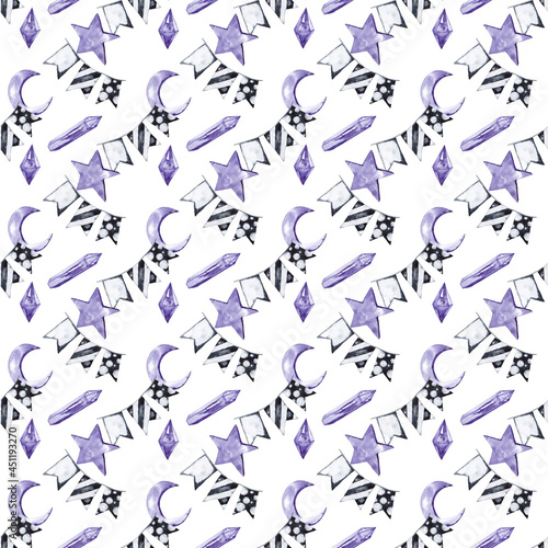 Halloween seamless pattern of cute festival accessories. Black flags  violet star  young moon and crystals. Kids party decor. Watercolor hand painted isolated element on white background.